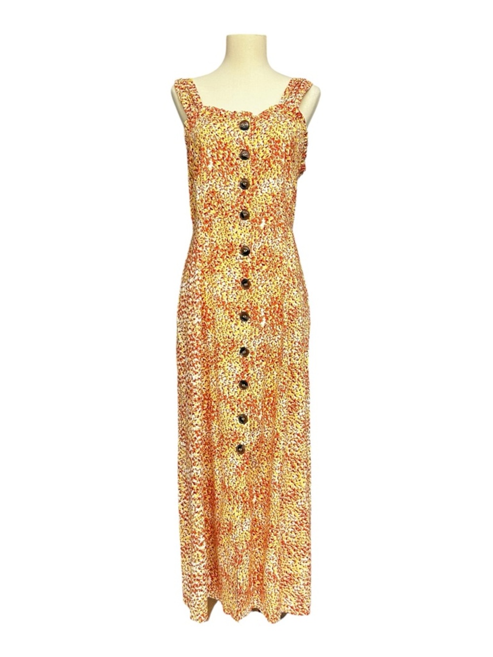 Japna Yellow Orange Floral Maxi Dress Button Front Smocked Back Size L